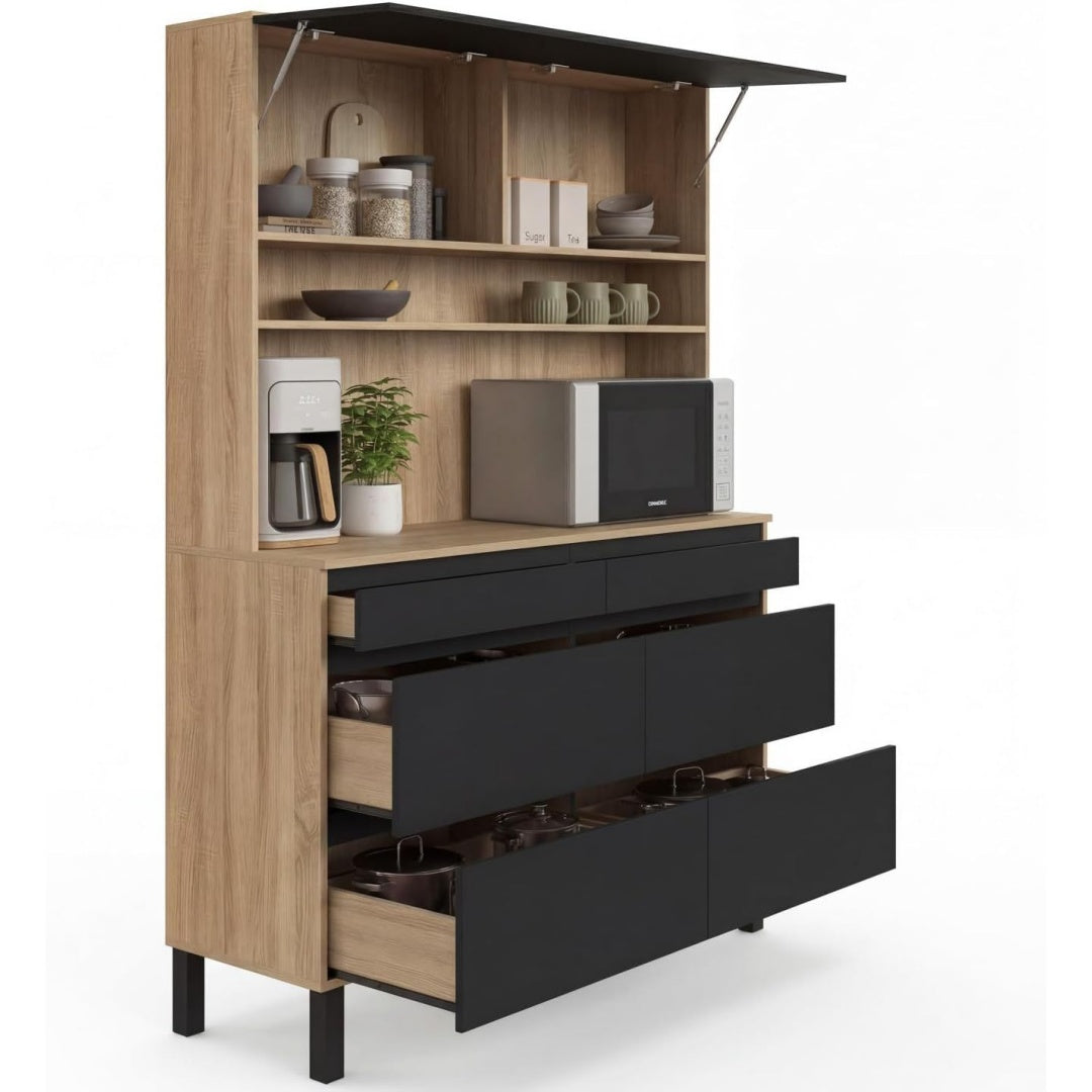 Le charme du rangement avec ce buffet avec tiroirs, avec portes, coloris noir et bois naturel