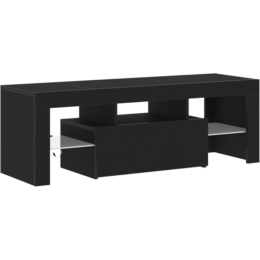 Une silhouette equilibree pour ce commode avec tiroirs, avec portes, teinte noir et chene