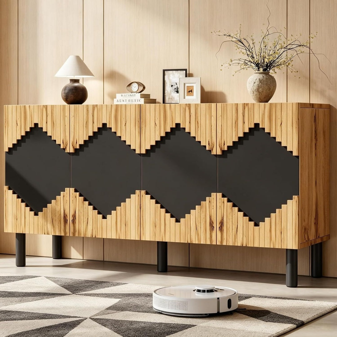 Une touche de caractere, buffet avec portes, avec etageres dans un ton noir et bois naturel