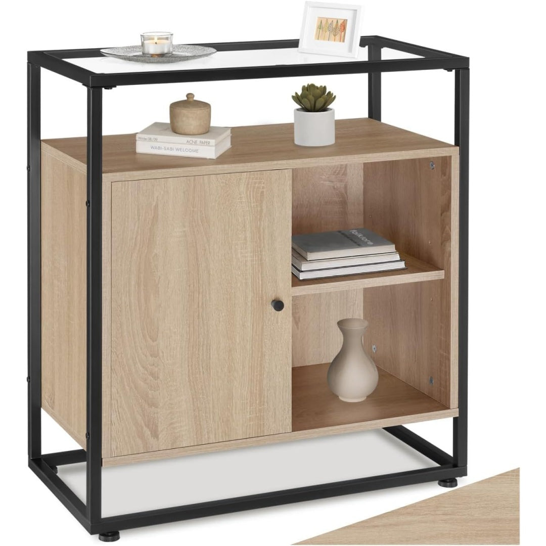 Un espace mieux organise grace a ce buffet avec portes, avec etageres, finition bois naturel et vert