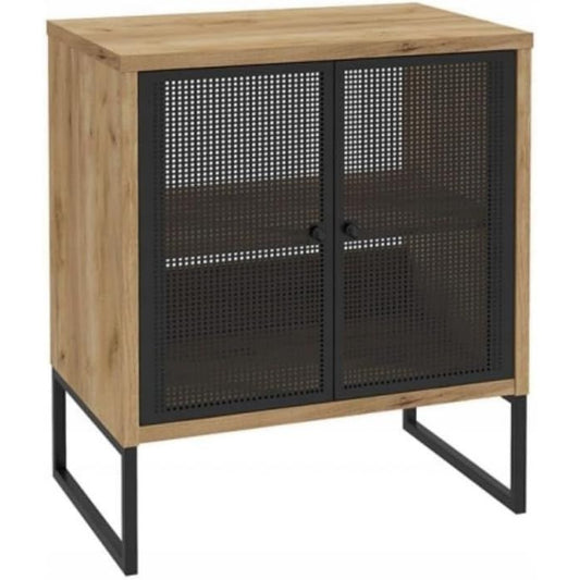 Une silhouette equilibree pour ce bibliotheque avec portes, avec etageres, teinte noir et chene