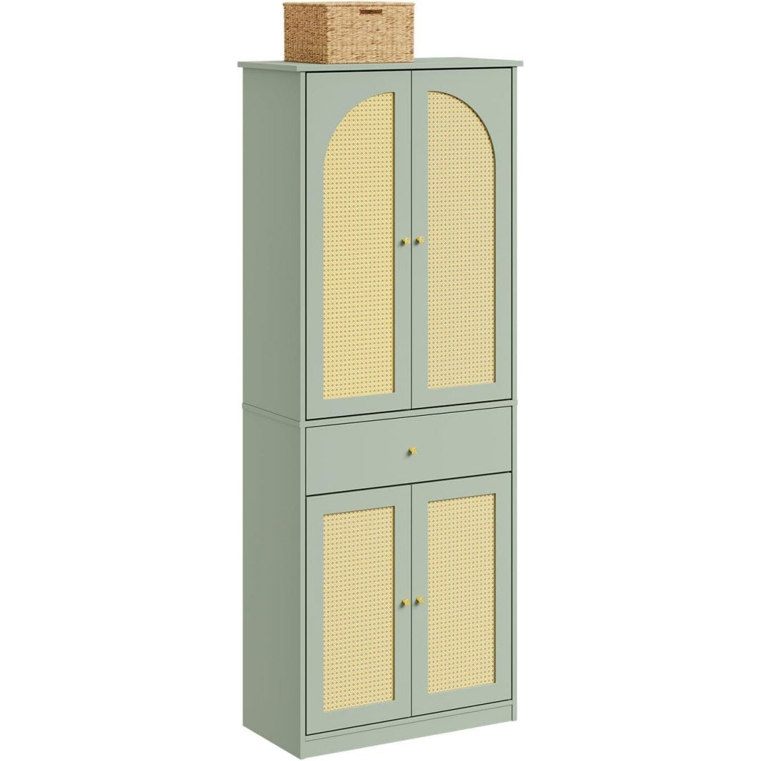 Un espace mieux organise grace a ce commode avec tiroirs, avec portes, finition naturel et vert