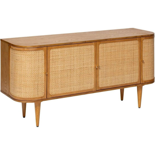 Un espace mieux organise grace a ce buffet avec portes, avec details en rotin, finition non determine