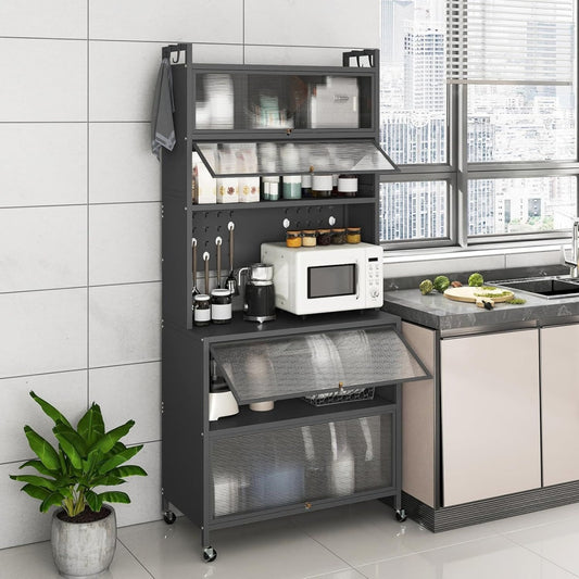 Une touche de caractere, buffet avec portes, avec etageres dans un ton gris et vert