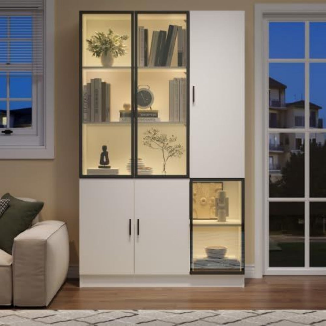 Pour un interieur harmonieux, bibliotheque avec portes, avec elements vitres en finition vert
