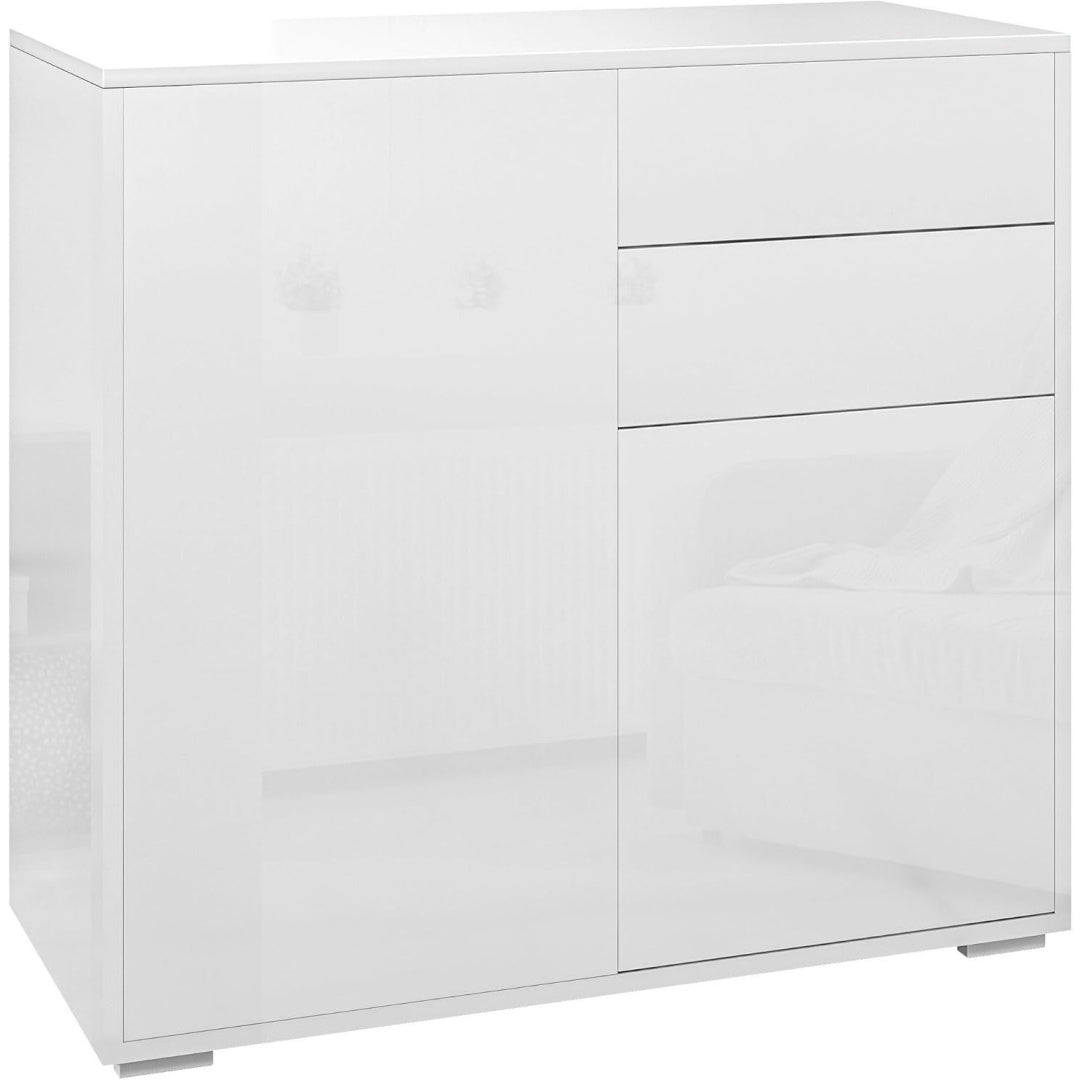 Un espace mieux organise grace a ce buffet avec tiroirs, avec portes, finition blanc et vert