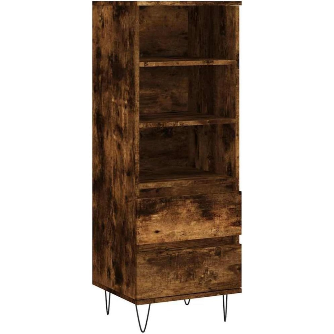 Une silhouette equilibree pour ce buffet avec tiroirs, aux accents metalliques, teinte chene et bois naturel