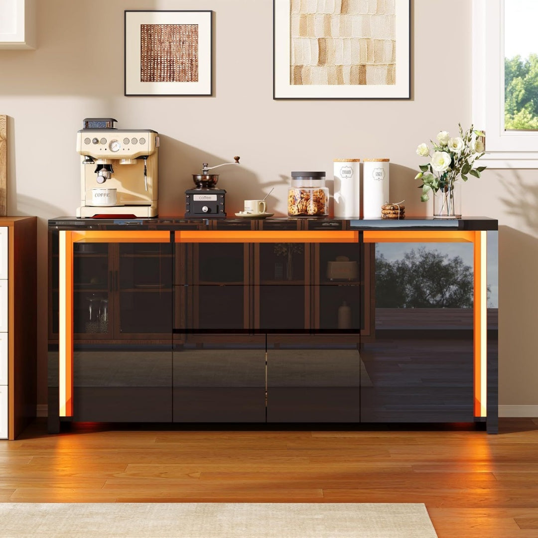 Le charme du rangement avec ce buffet avec tiroirs, avec portes, coloris blanc et noir