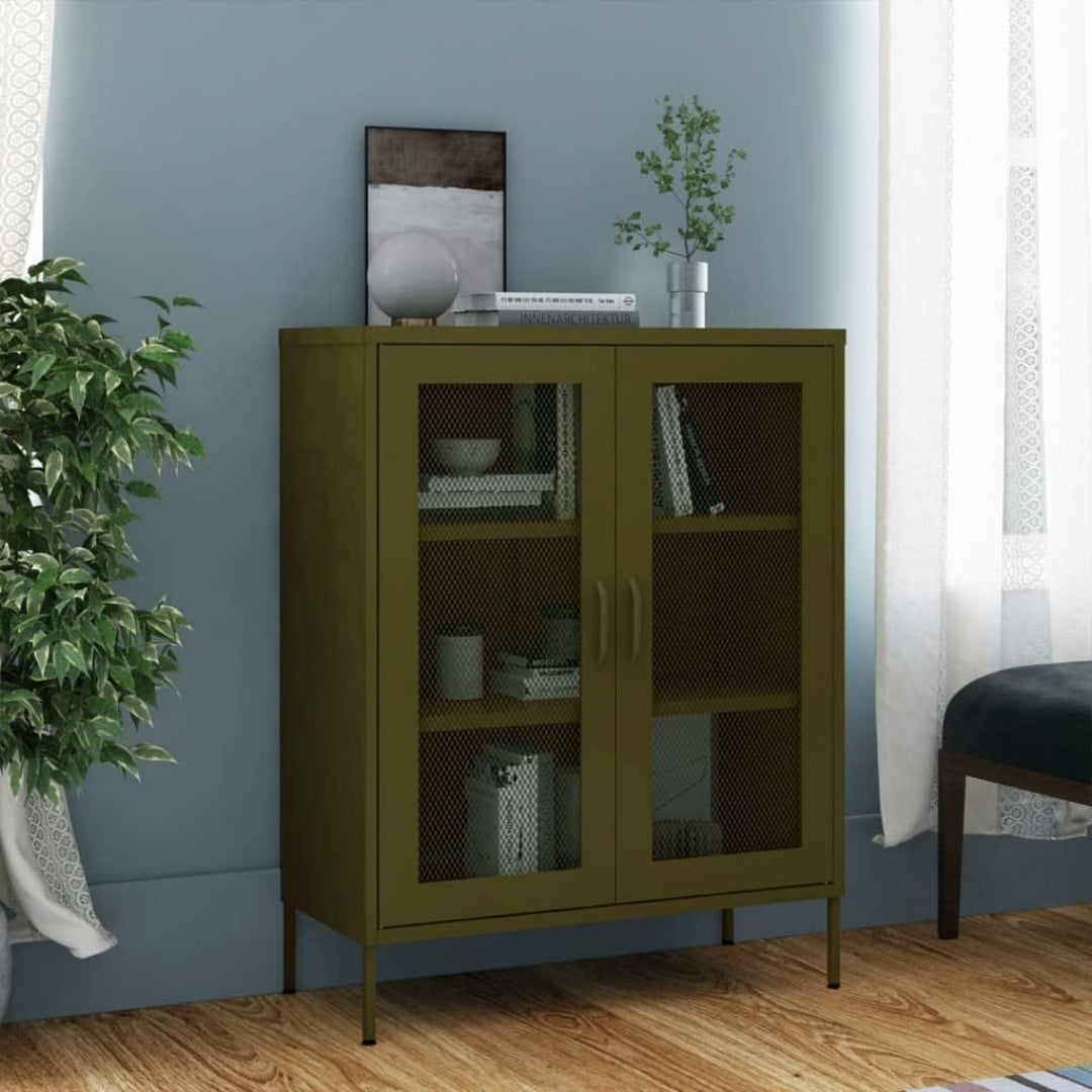 Une touche de caractere, buffet avec portes, avec etageres dans un ton vert