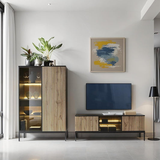 Une silhouette equilibree pour ce commode avec tiroirs, aux accents metalliques, teinte noir et chene