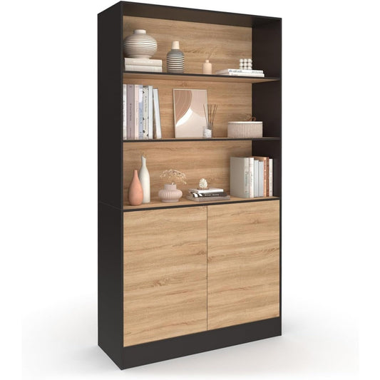 Pour un interieur harmonieux, bibliotheque avec etageres, a l'aspect bois en finition noir et bois naturel