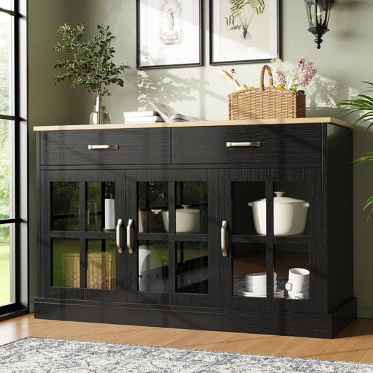 Une silhouette equilibree pour ce buffet avec tiroirs, aux lignes contemporaines, teinte noir