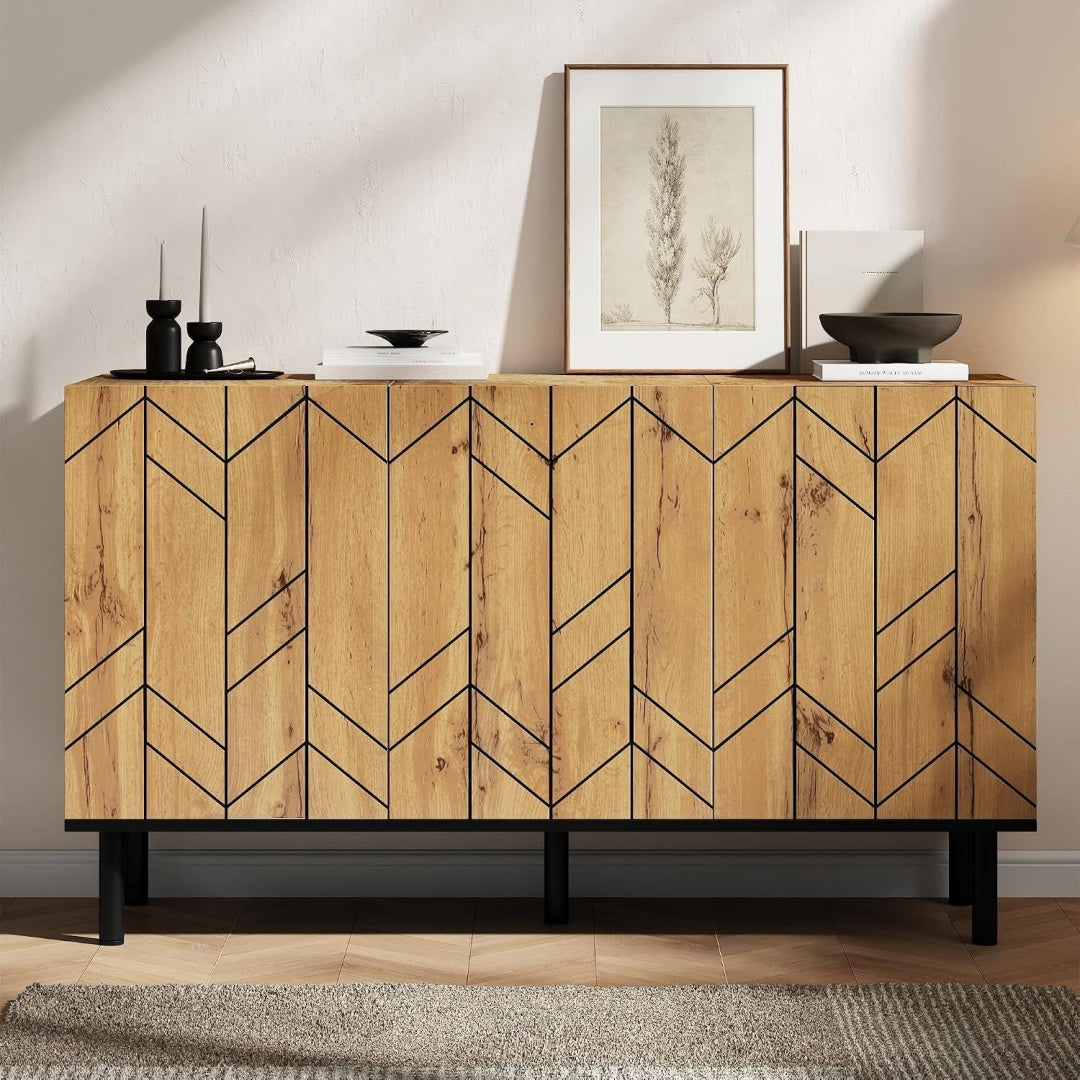 Le charme du rangement avec ce buffet avec portes, aux accents metalliques, coloris noir et naturel