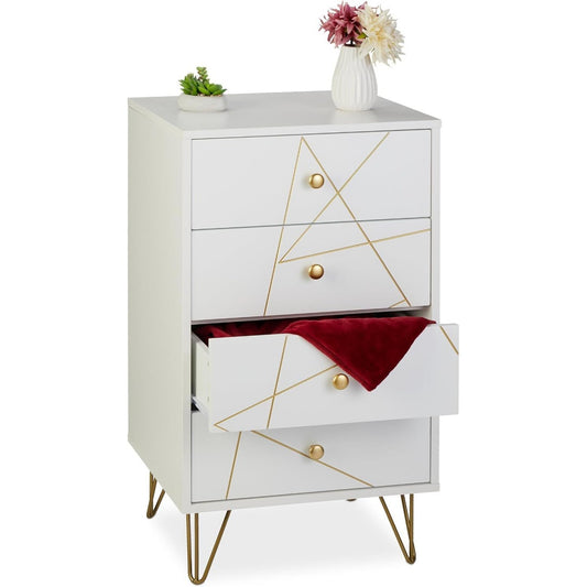 Pour un interieur harmonieux, commode avec tiroirs, aux accents metalliques en finition blanc et dore