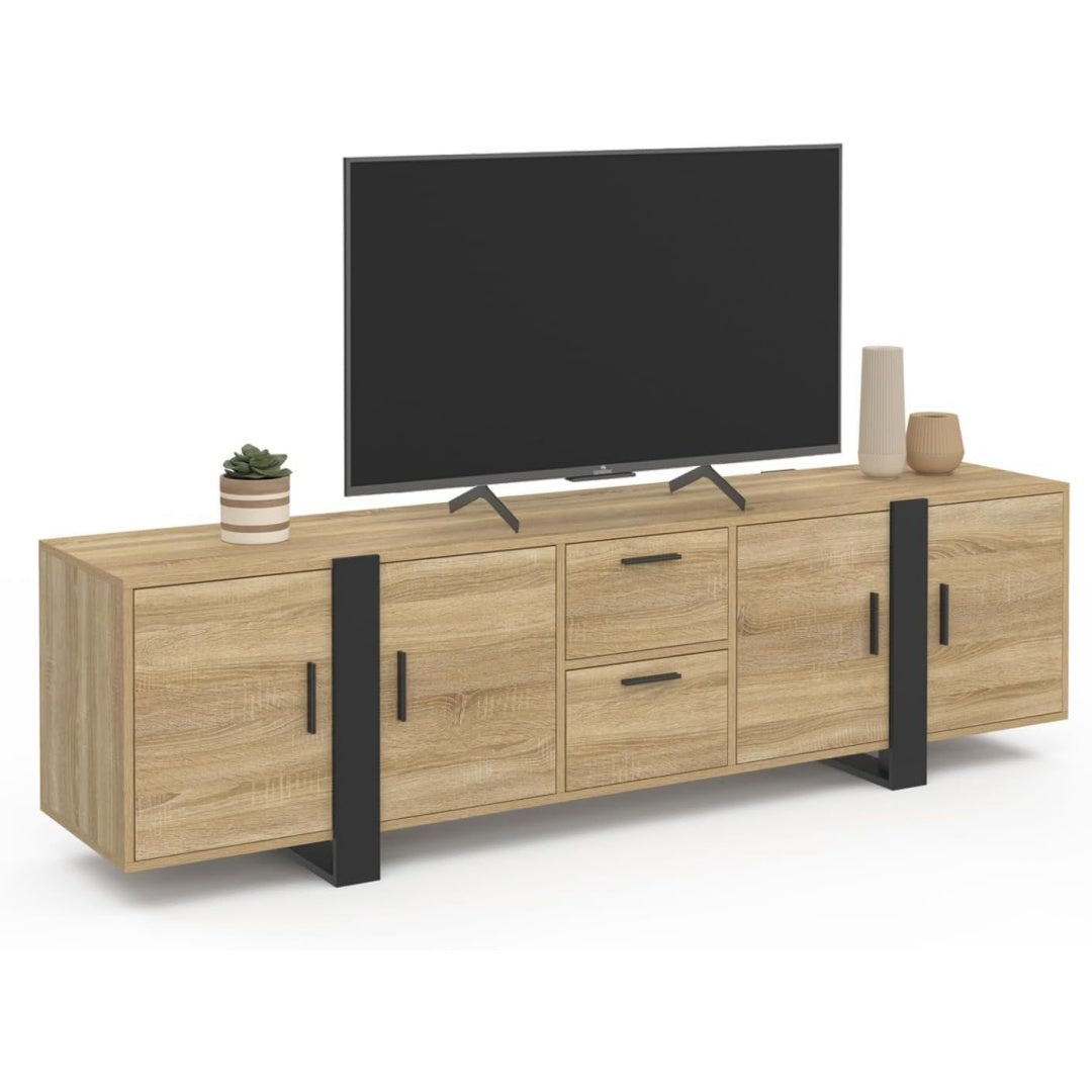 Un espace mieux organise grace a ce commode avec tiroirs, a l'aspect bois, finition noir et bois naturel
