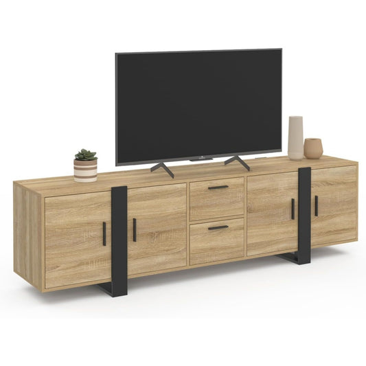 Un espace mieux organise grace a ce commode avec tiroirs, a l'aspect bois, finition noir et bois naturel