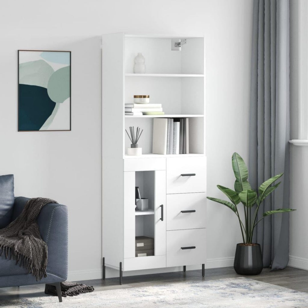 Un espace mieux organise grace a ce buffet avec portes, avec elements vitres, finition blanc et bois naturel