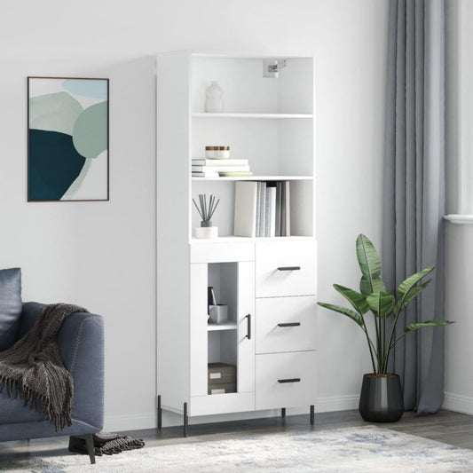 Un espace mieux organise grace a ce buffet avec portes, avec elements vitres, finition blanc et bois naturel