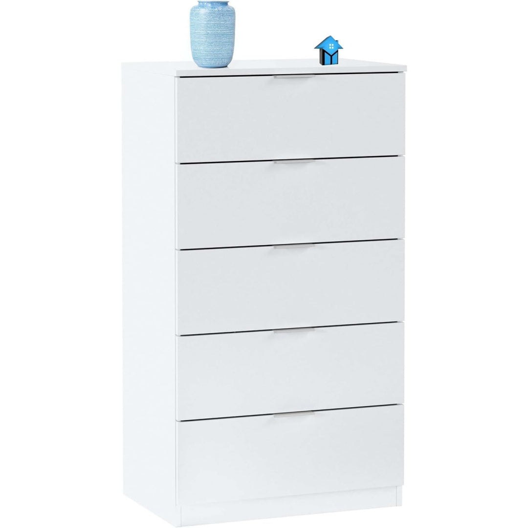Un espace mieux organise grace a ce commode avec tiroirs, aux accents metalliques, finition blanc