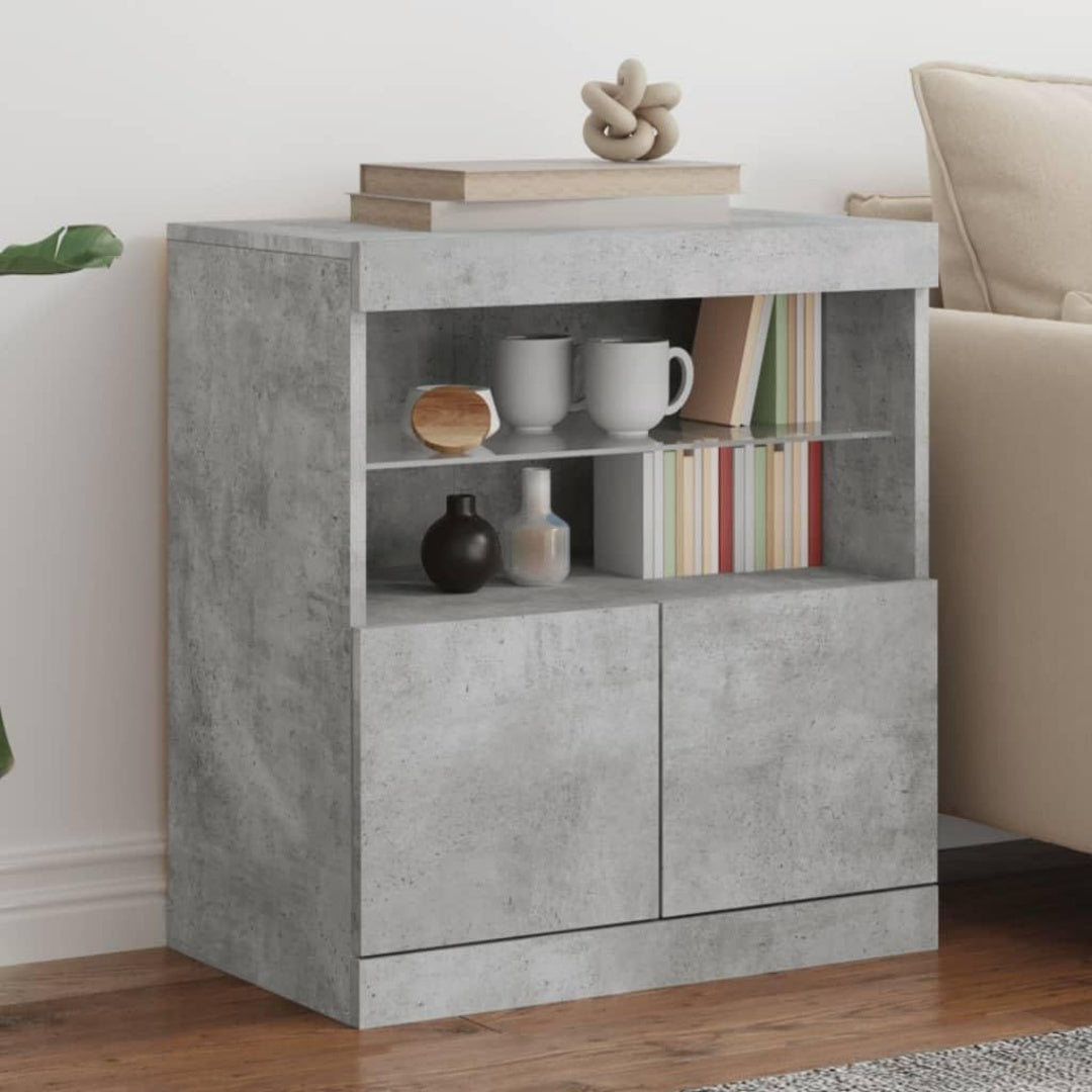 Une touche de caractere, buffet avec portes, a l'aspect bois dans un ton gris et bois naturel