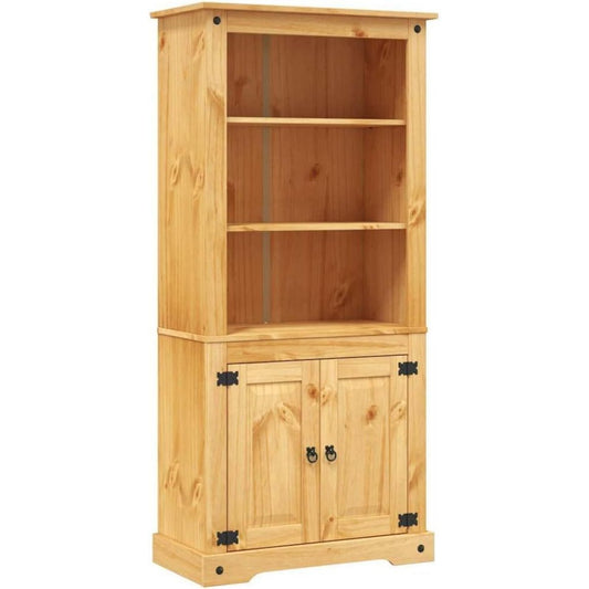 Une silhouette equilibree pour ce buffet avec etageres, aux accents metalliques, teinte noir et bois naturel