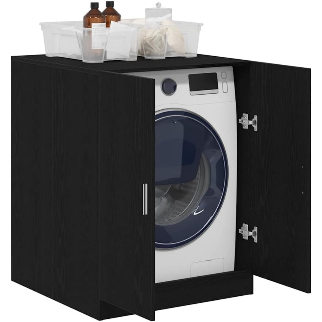 Une silhouette equilibree pour ce armoire avec portes, a l'aspect bois, teinte noir et chene