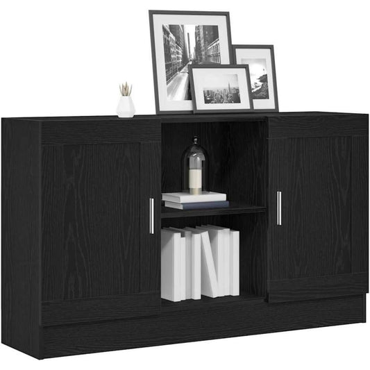Une silhouette equilibree pour ce buffet avec portes, a l'aspect bois, teinte noir et chene