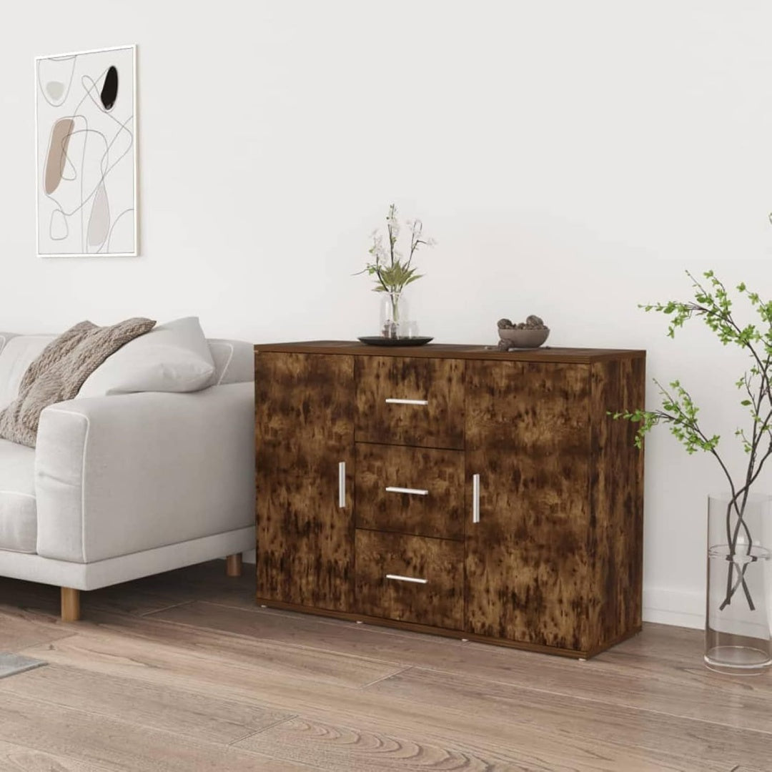 Un espace mieux organise grace a ce buffet avec tiroirs, avec portes, finition chene et bois naturel