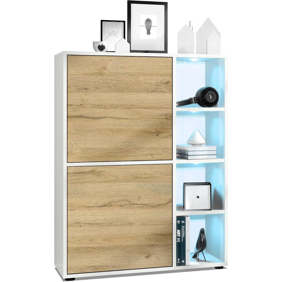 Pour un interieur harmonieux, buffet avec portes, aux lignes contemporaines en finition blanc et chene
