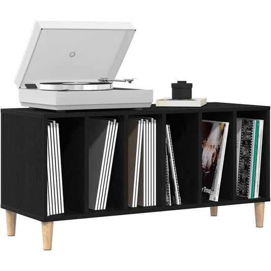 Un espace mieux organise grace a ce bibliotheque avec etageres, a l'aspect bois, finition noir et chene