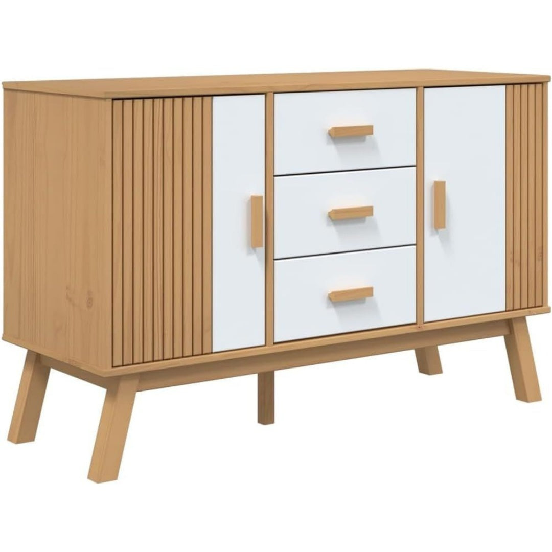 Un espace mieux organise grace a ce buffet avec tiroirs, avec portes, finition blanc et marron